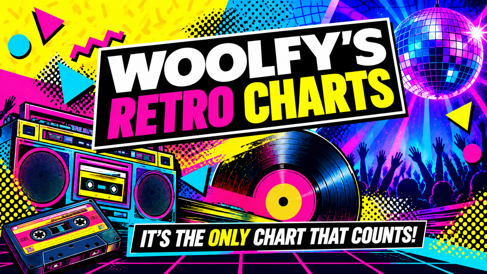 Woolfy's Retro Charts radio show artwork featuring colourful retro music graphics