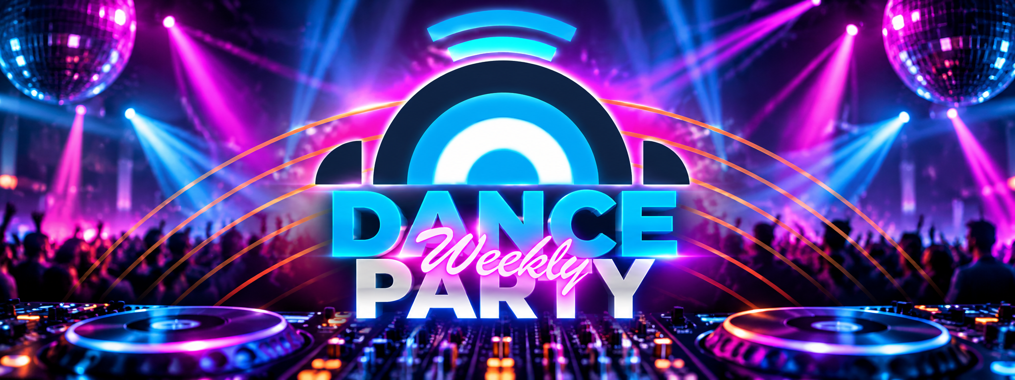 Dance Party Weekly logo with colourful nightclub lights, presented by Lee Everest on Rocking Fox Radio